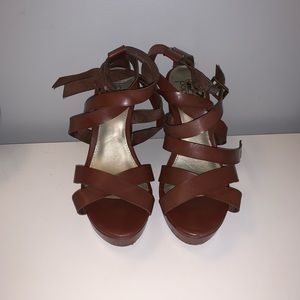 Brown Criss Cross Leather Wedges